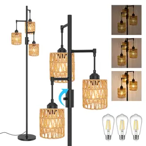 DEMILARE 3-Light Boho Rattan Floor Lamp - Woven Rattan Shade, Palm Trees Design, Farmhouse Coastal Indoor Standing Lamp with Dimmable LED Bulb, Ambient Control for Living Room summervibes