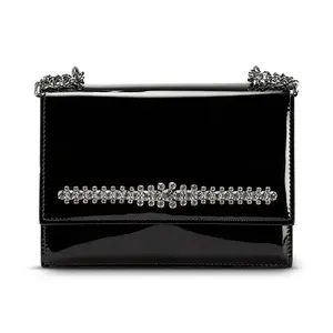 JIMMY CHOO BING BOHEMIA PAT Patent Chain Shoulder Bag with Crystal Embellishment High-Shine Black Evening Bag for Events
