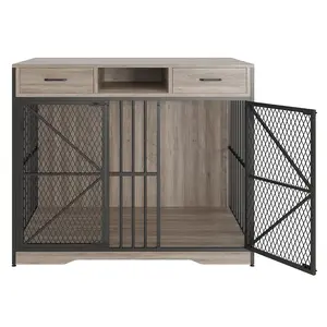 44 Inch Dog Crate Furniture, Heavy Duty Dog Kennel End Table with Storage Drawers & 2 Lockable Doors, Indoor Pet Cage for Living Rooms Apartments