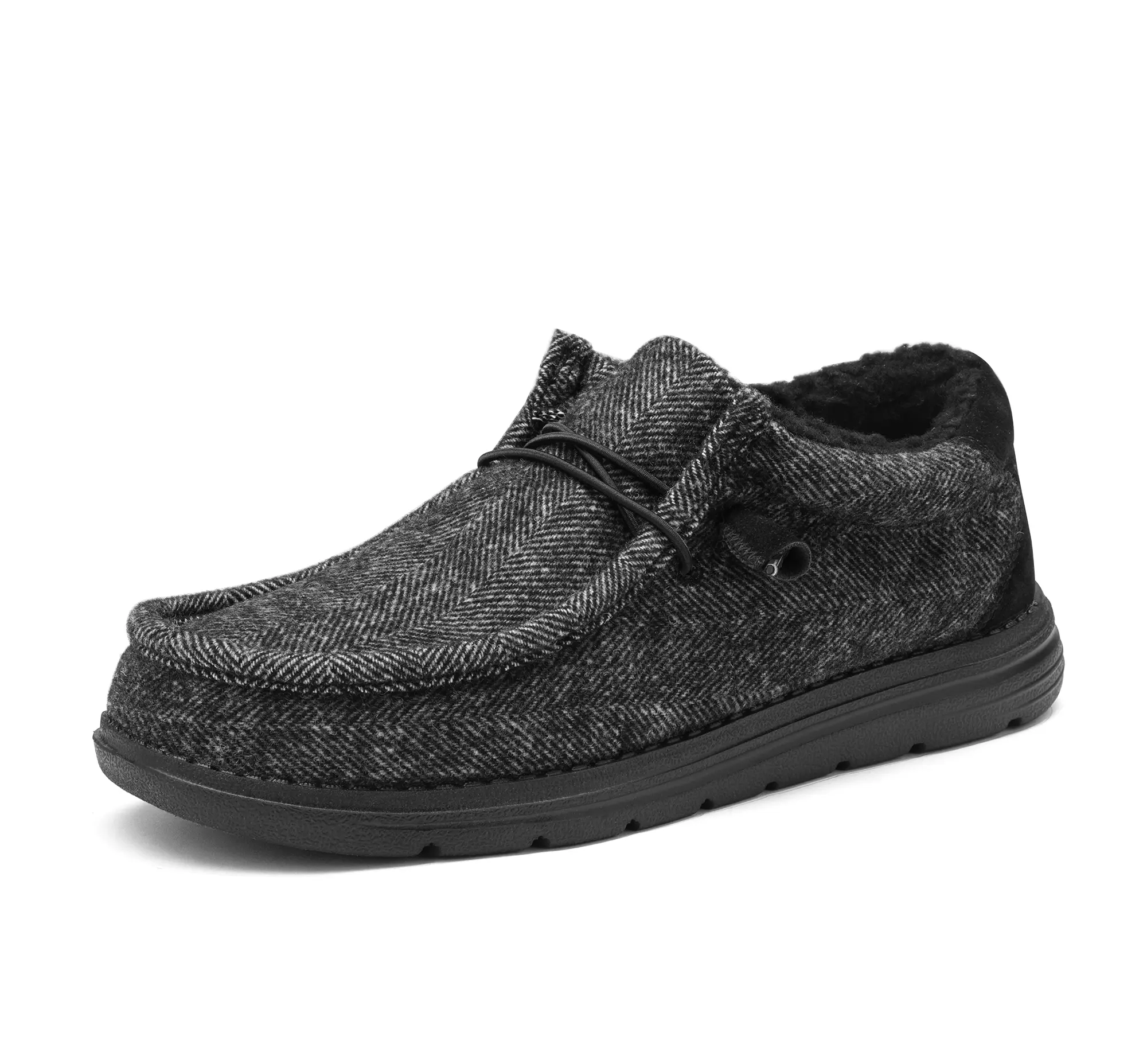 BRUNO MARC Men's Wool Loafer Slippers, Faux Fur Lined Slip On Casual Walking Shoes with Elastic Laces