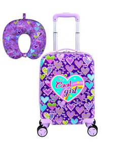 2Pcs Kids Purple Heart Luggage Set - Hard Shell Carry On Suitcase with Spinner Wheels + U-Shaped Neck Pillow, Cute "Cool Girl" Heart Print Travel Trolley for Girls