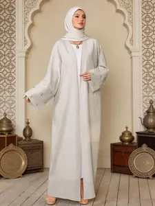 Elegant Moon Embroidered Muslim Middle Eastern Islamic Dress for Ramadan Eid, Loose-Fitting Spring & Fall Wear, Casual Modest Fashion, Arabian Dress