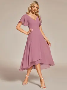 EVER PRETTY Women's Flowing Chiffon Bridesmaid Dress - V-Neck, Ruffle Sleeves, Style 01756