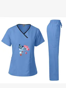Cute Print Nurse Scrubs Top for Women - V-Neck Short Sleeve Nursing Uniform with Pockets, Butterfly Floral Graphic Healthcare Workwear