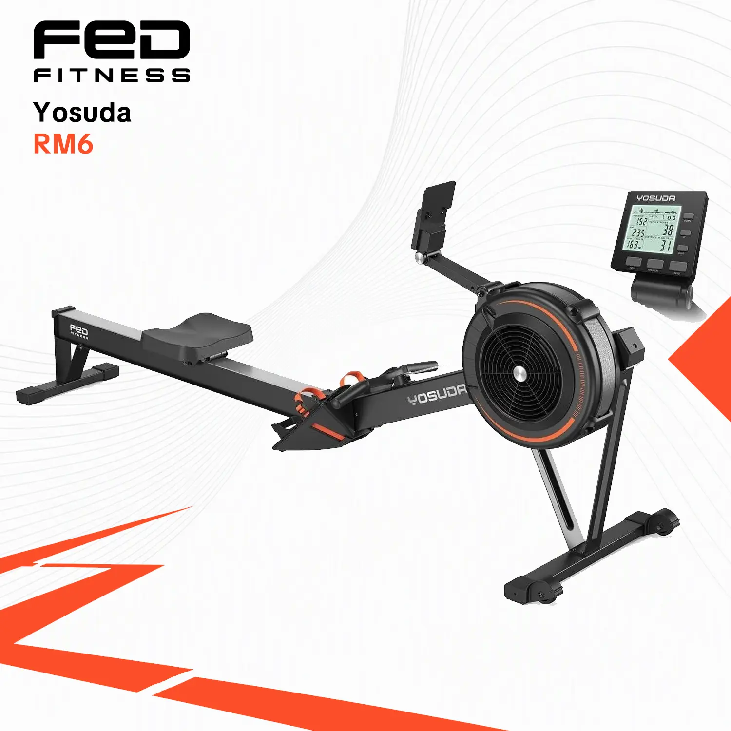 FED Fitness Yosuda Series RM6 Unisex Air Resistance Rowing Machine - Home Gym Equipment with Adjustable Airflow Control, Self-Powered Real-Time Metrics (Pulse HR Monitoring), 53.7in Rail, Ergonomic Seat, Foldable Storage, Zwift+Kinomap Link [Live Only]