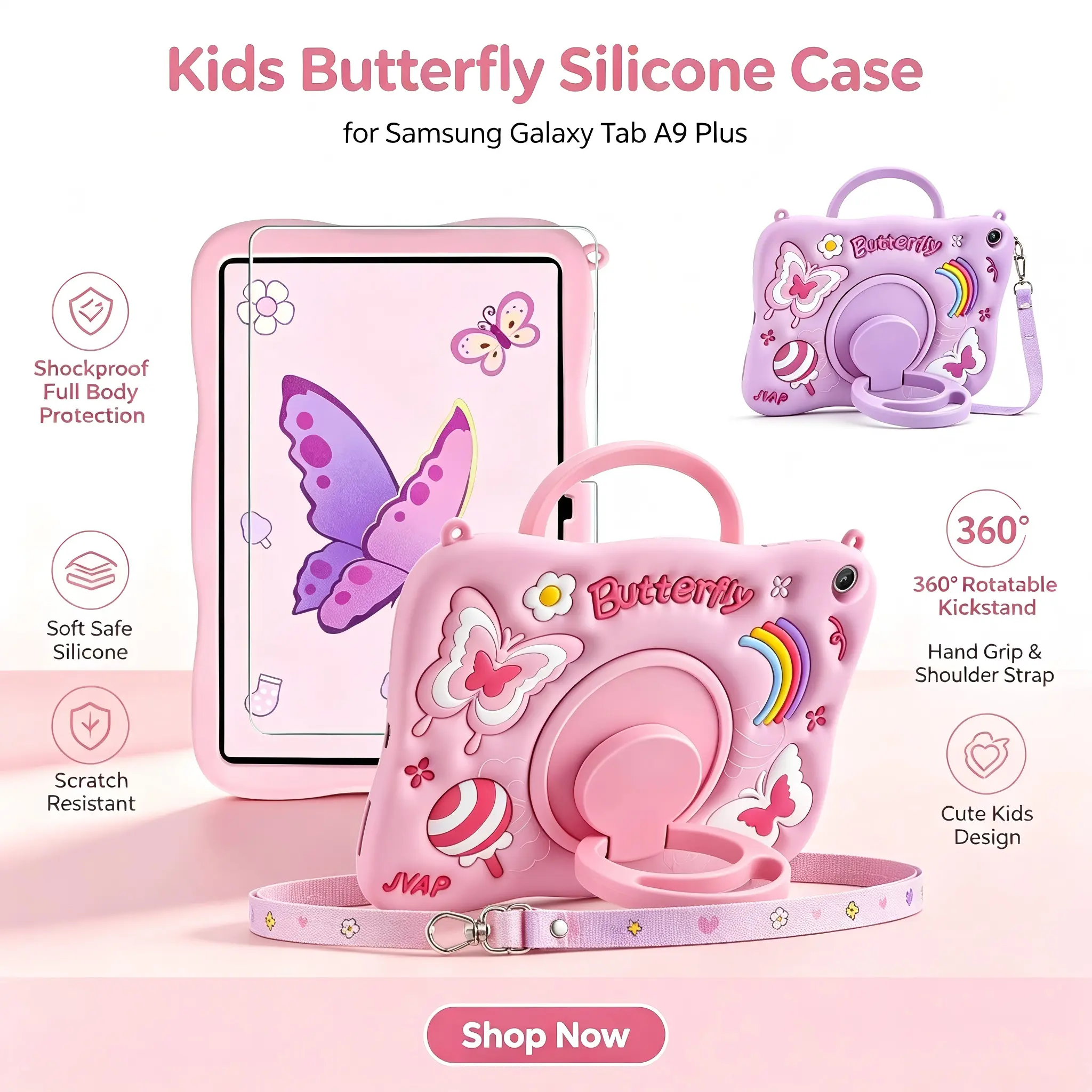Tablet Case for 2023 Samsung Galaxy Tab A9 Plus 11inch Shockproof Silicone (Kids), Smooth Accessories with Screen Protector, Folding Kickstand, Shoulder Strap, Handle & Full Protection for Girls