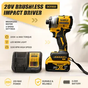 DeWalt DCF850 20V Brushless Cordless Impact Driver - 205N・m High Torque, 3250RPM, Rechargeable Lithium-Ion Battery, for DIY & Professional Use