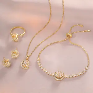 5PCS Moon & Sun Jewelry Set, Necklace for Women, Trendy Flower Rotating Earrings Ring Necklace Zircon Bracelet Clavicle Chain