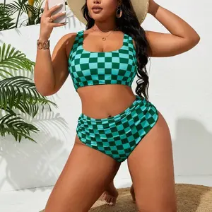 High Waist Two Piece Bikini Women's plus Size Checkered Print Slimming Swimsuit Sexy European Style Polyester Fabric Swimwear