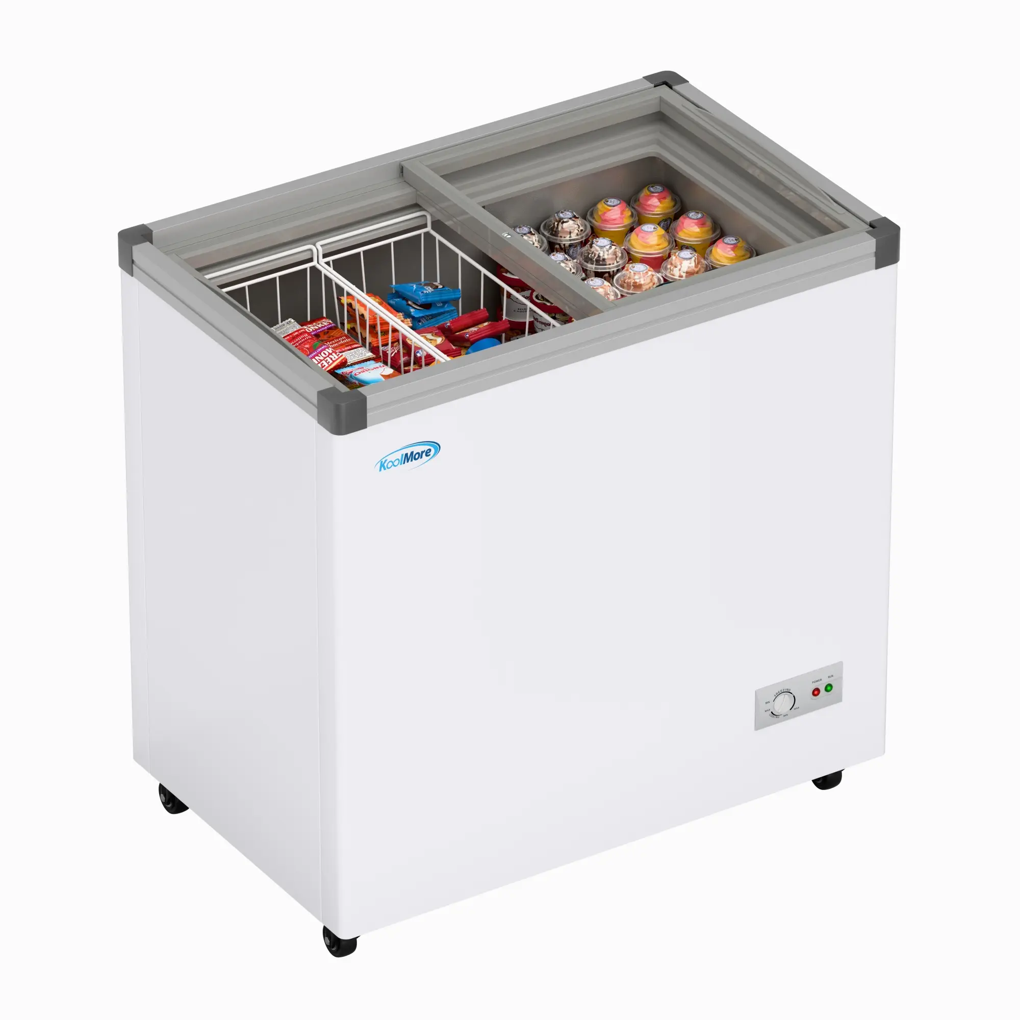 Flat Top Commercial Ice Cream Display Freezer - 33 in, 7 cu. ft. Capacity, White, Sliding Doors, Corded, -9.4°F to 0°F (KM-ICD-7C), 0.93 Hp Compressor