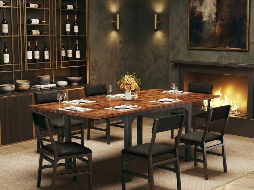 7-Piece Dining Table Set for 4-6, Extendable Kitchen Table Cushion Chairs Set of 6 with 6 Chairs, Rectangle Dining Table with Metal Frame & MDF Board, Folding for Small Apartment Saving Space, Rustic