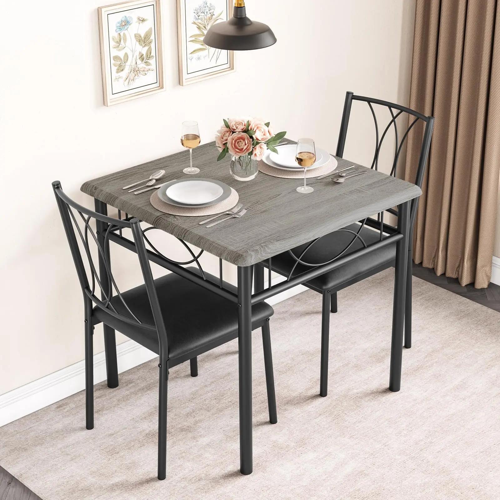 Garvee 2-Person Compact Indoor Dining Table Set - Square Metal-MDF Top Table, Cushioned Upholstered Dining Chairs, Rustic Gray Modern Design for Small Spaces, Apartments