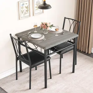 Garvee Compact Dining Table Set for 2 with Square Metal and Wood Table and Upholstered Chairs, Perfect for Small Spaces, Apartments, and Studios, Featuring Rustic Gray Finish and Modern Design