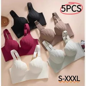 5-piece set of plus size multi-color women's gathering bra with minimal chest circumference, push ups, side support, anti sagging, wireless comfort, no steel ring bra, suitable for daily wear, comfortable and soft bra