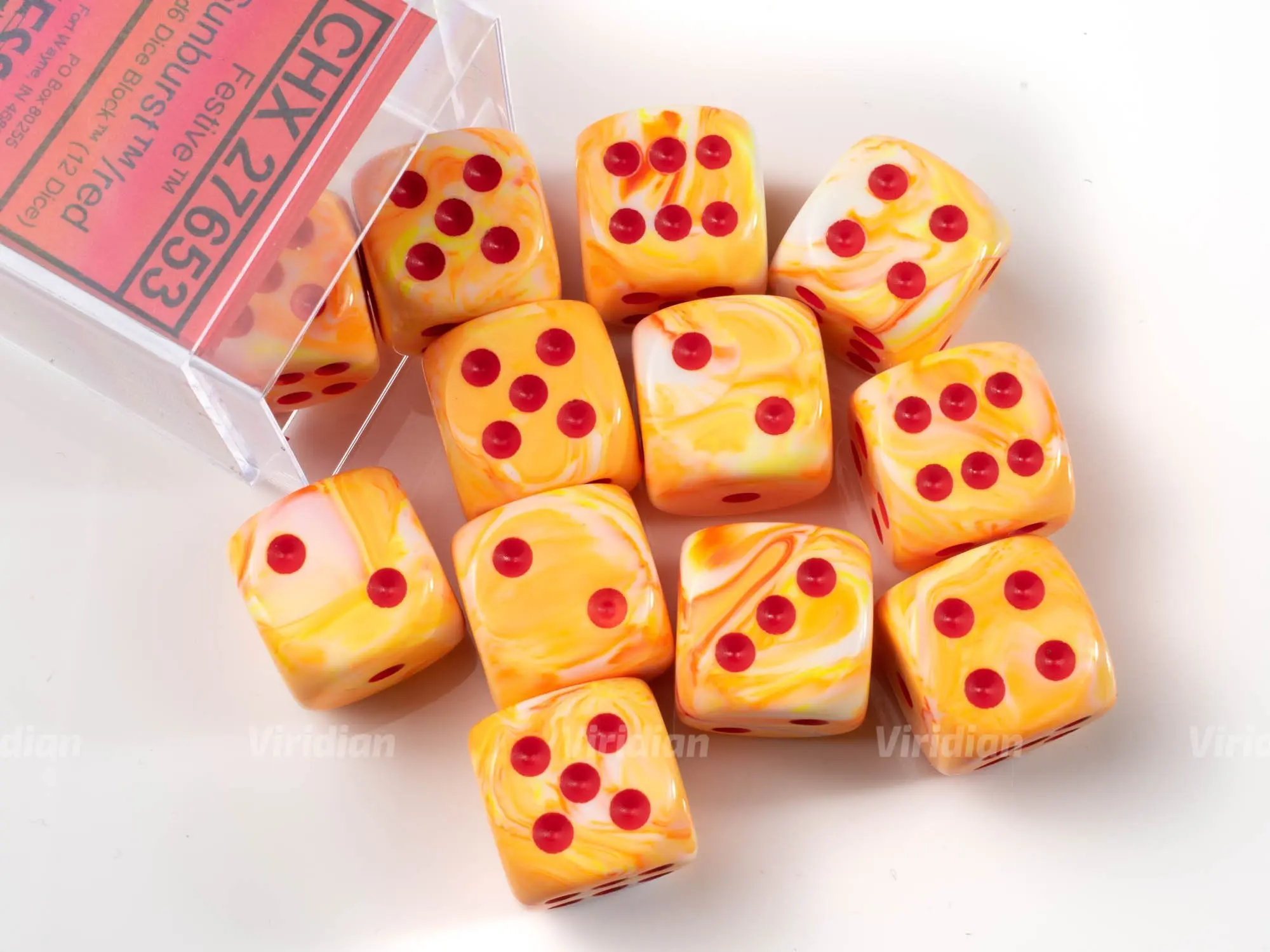 Festive Sunburst & Red D6s (12) | Tan and Orange | D6 Block | Chessex Dice (12)