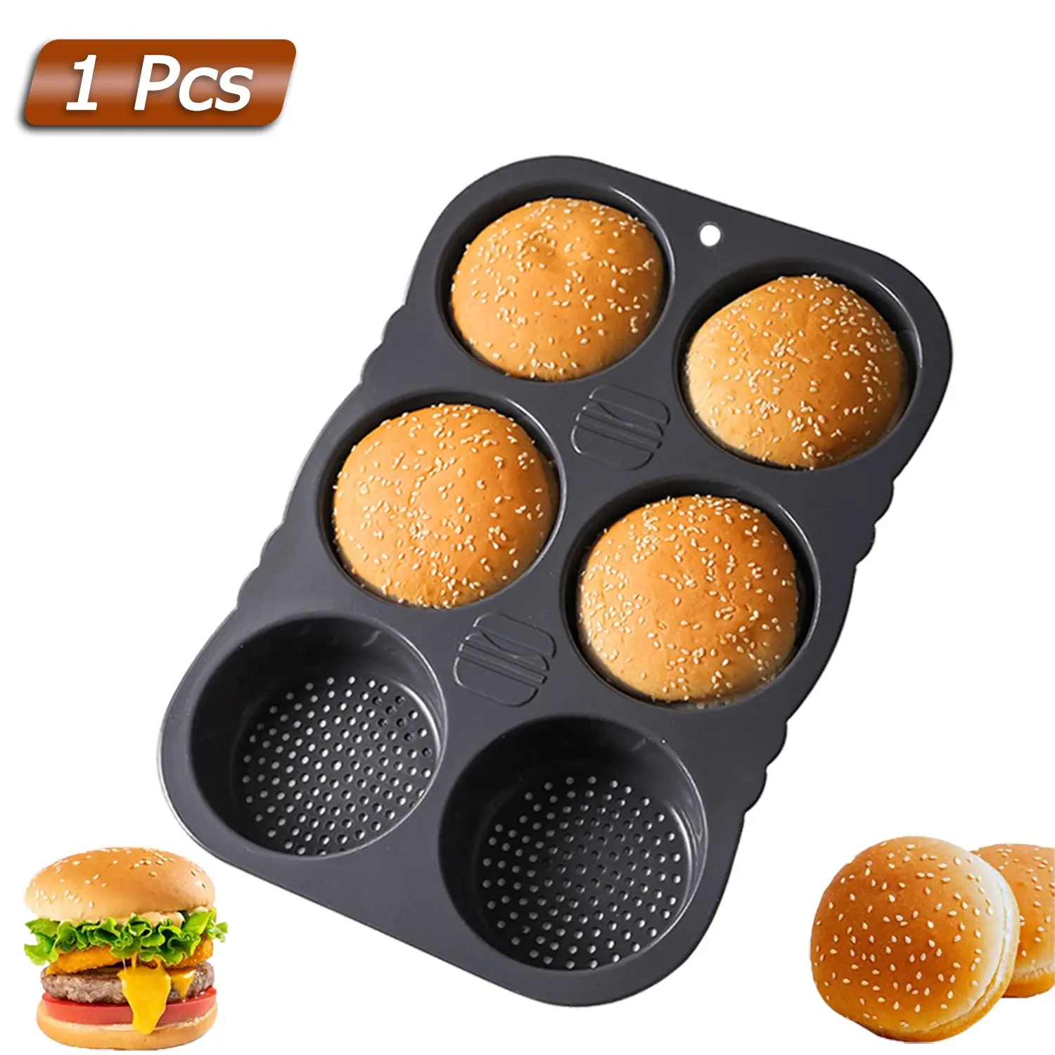 Food Grade Silicone Burger Bread Mold, 6 Cavity Non-Stick Oven Baking Tray with Airflow Holes, Rectangular Shape, Even Cooking, Baking Utensils Supplies, Meal Prep Molds, Baking Tools, Bakery Molds