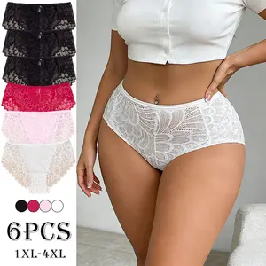 Women's Plus Size Basic Minimalist Panties - Pack of 6, Polyamide Blend, Solid Color, Contrast Lace, Small Floral Print, Soft, Skin-Friendly, Breathable, Comfortable, Aesthetic, Elegant Everyday Briefs, Elegance