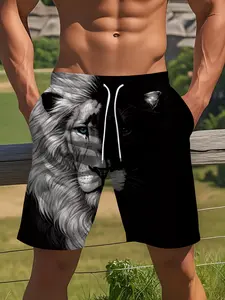 Men's 3D Lion Print Beach Shorts, Quick-Dry Casual Summer Swim Trunks, Loose-Fitting Mid Waist Drawstring Sporty Shorts