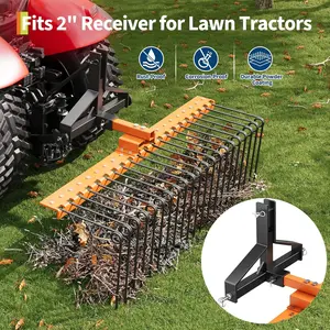 Heavy-Duty Pine Straw Landscape Rake – 60-Inch Powder-Coated Steel, 21 Coil Season Tines, Fits 2-Inch Receiver for Tractor, ATV, UTV – Robust Farm & Garden Attachment | 60 inches | Yellow body + black