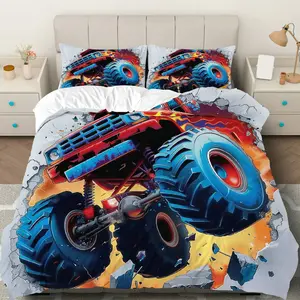 3PCS Duvet Cover Set, 1 Duvet+2 Pillowcases(Without filler),  Truck Racing Adventure Action Exciting theme, Holiday bedding set, Vibrant Graphic Suitable for decoration bedroom living room dormitory guest room.