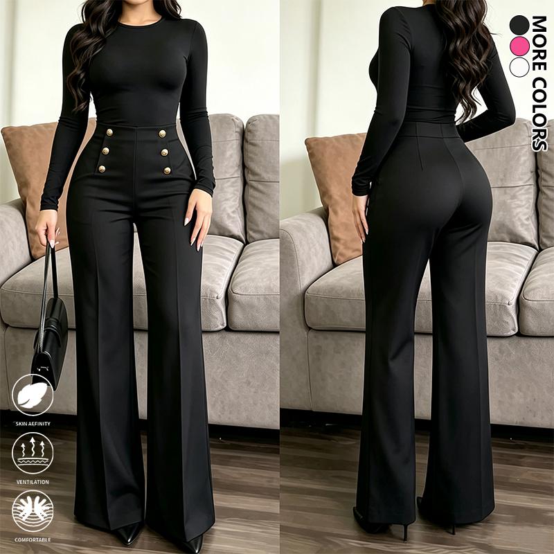 Women’s fashion casual comfortable breathable high-waisted loose wide-leg pants, 1-piece set; solid color elegant straight floor-length pants that flatter the figure, versatile for all seasons; trendy bottoms