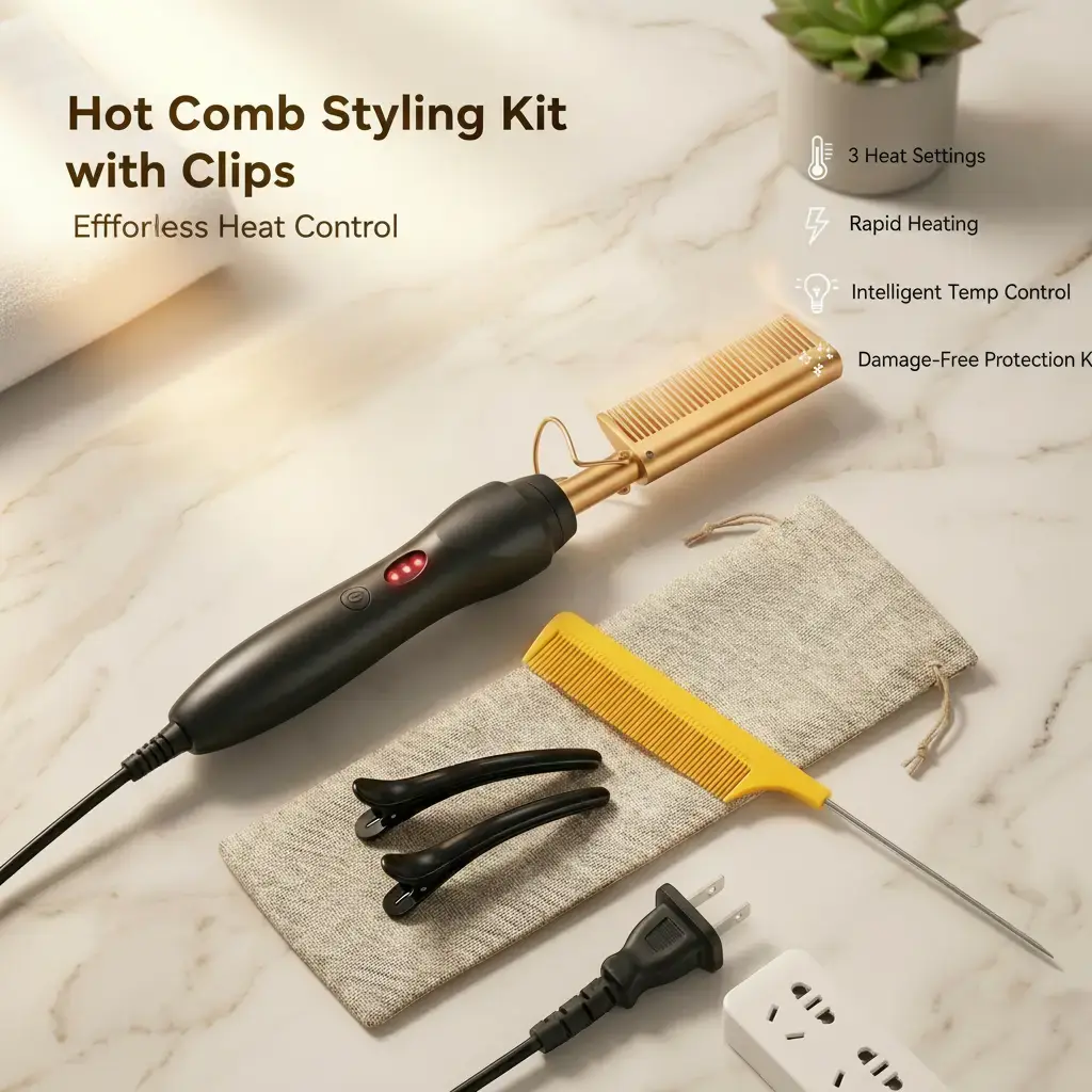 Salon Electric Hot Comb Styling Kit - Adjustable 3-Heat-Setting Curling Straightening Tool with 2 Hair Clips, Tail Comb, Storage Pouch for Flawless Smooth Hair