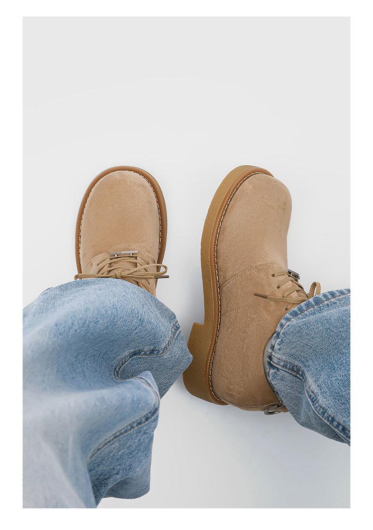 Retro low-top work shoes for men, casual leather shoes with hidden internal lift, new outdoor hiking thick-soled shoes, all-season retro functional casual shoes