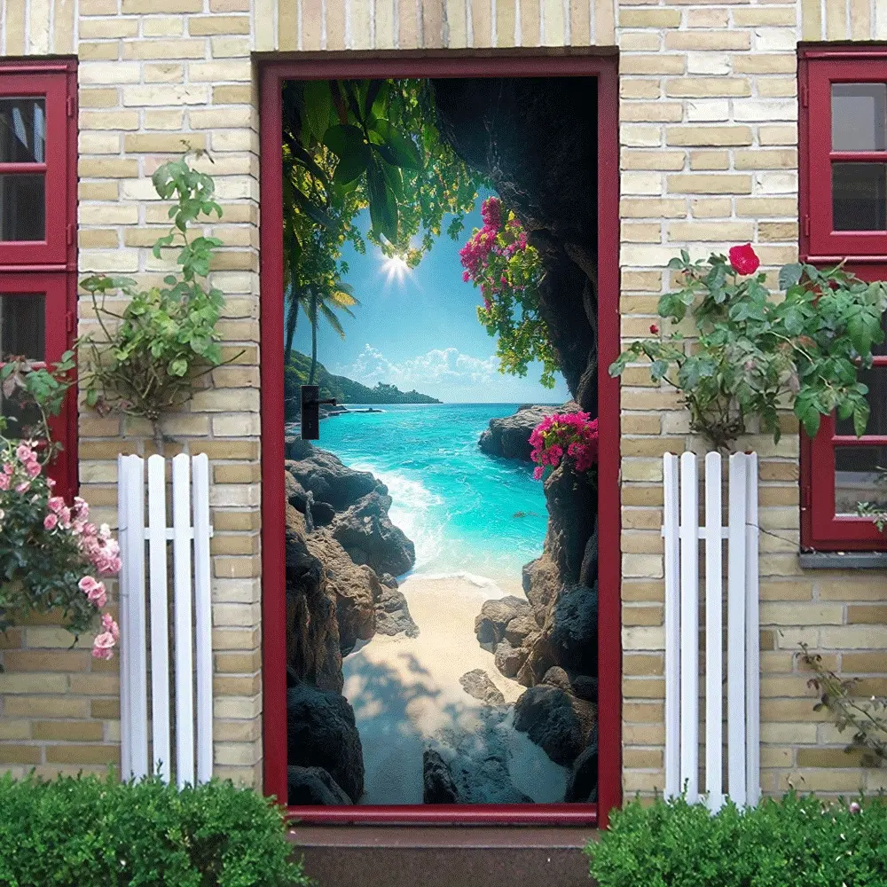 2pcs   Tropical Island Landscape Tree Wall Stickers Stereo Living Room Bedroom Entrance Decorative Stickers Wall Art Stickers Self Adhesive Vinyl Stickers Removable Waterproof Murals Ocean Beach Natural Scenery Home Background Wall Decals F
