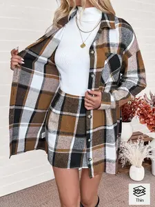 2pcs Casual Outfit: Front Button Long Sleeve Plaid Top & Mini Skirt Set Fall Cloth For Women
