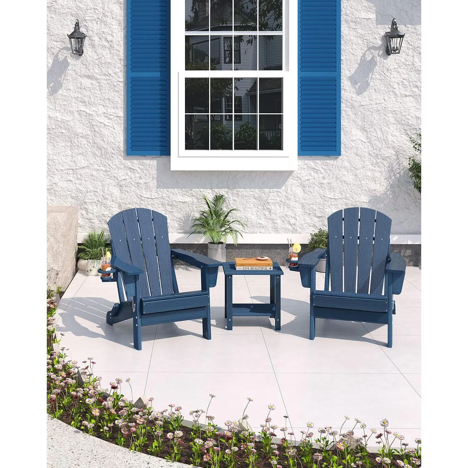 Folding Adirondack Patio Chair - All-Weather HDPE Outdoor Chair with Wooden Texture & Cup Holder, Weather Resistant Lawn Chair for Garden, Deck, Fire Pit