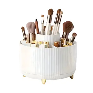 360° Rotating Makeup Organizer Box, 5-Grid Plastic Cosmetic Storage Rack with Luxury Stripe Design, Portable Brush & Beauty Holder, Space-Saving Vanity Organizer for Bathroom Counter, Dorm, and Apartment Storage