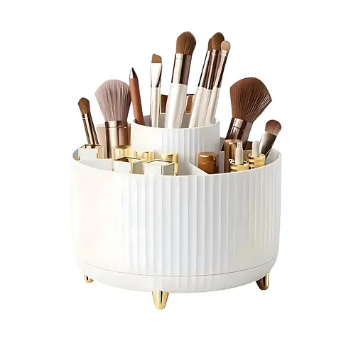 5-Grid Eco-Friendly ABS Plastic Luxury Cosmetic Organiser - 5-in-1 360° Rotatable Makeup Organization Rack, Modern Stripe Design, Gold-Plated Feet, Tidy Slots, Durable Smooth Storage Box for Brushes (Dorm, Office, Bathroom Counter), Luxury Cosmetic Organi
