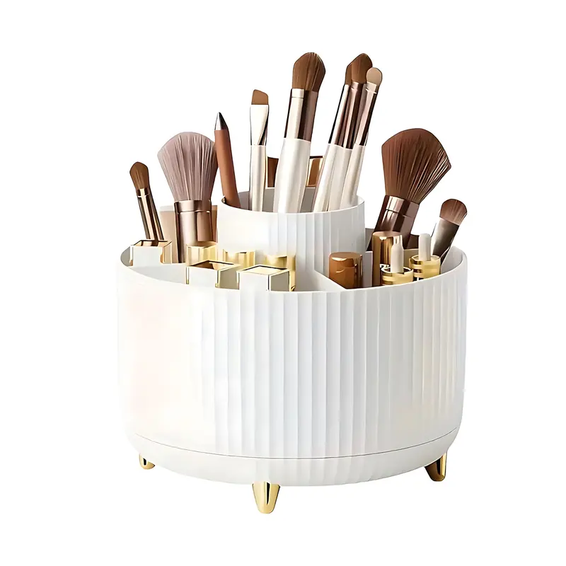 5-Grid Eco-Friendly ABS Plastic Luxury Cosmetic Organiser - 5-in-1 360° Rotatable Makeup Organization Rack, Modern Stripe Design, Gold-Plated Feet, Tidy Slots, Durable Smooth Storage Box for Brushes (Dorm, Office, Bathroom Counter), Luxury Cosmetic Organi