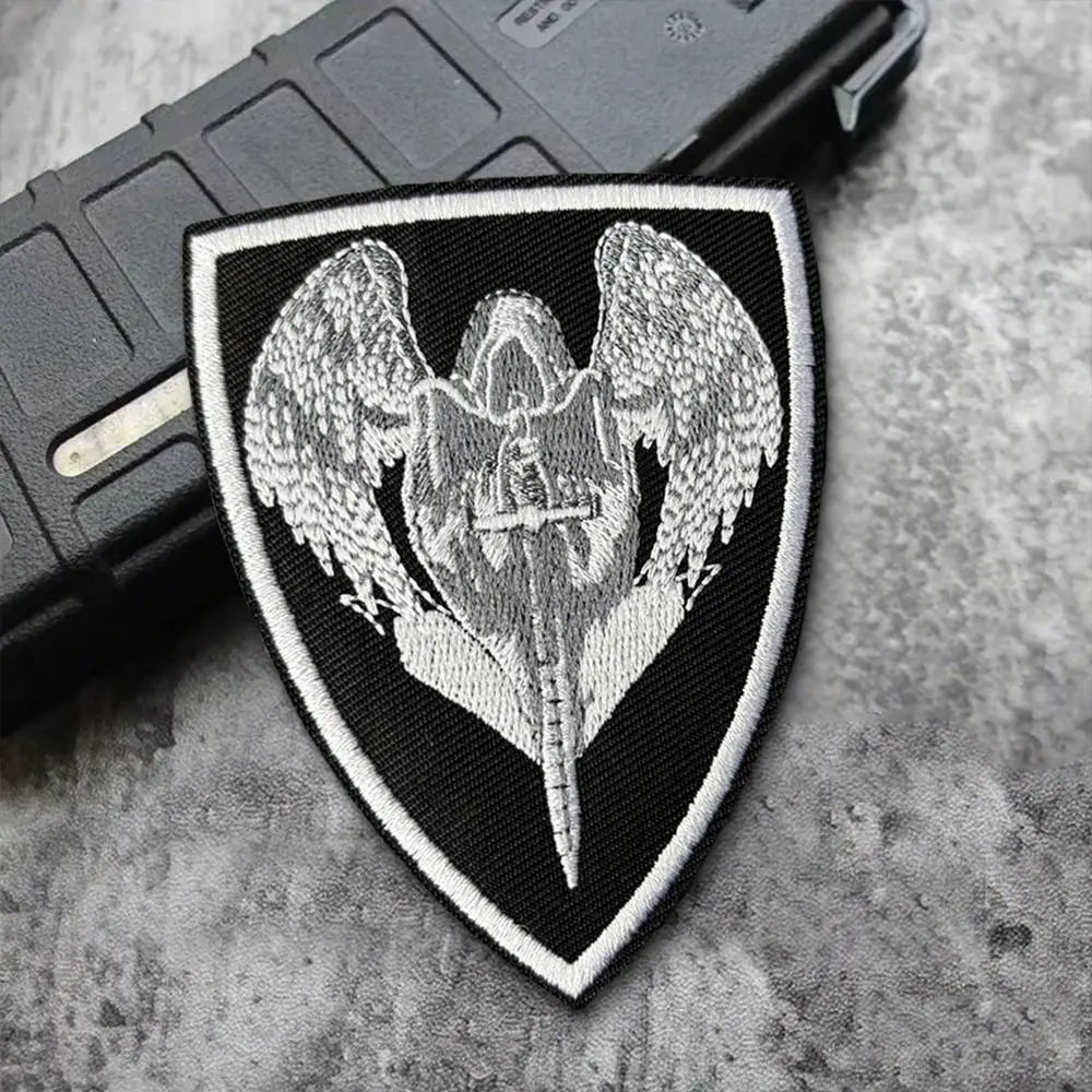 Dark Angel Shield Embroidery Patch Winged Reaper Morale Badge Hook and Loop Tactical Applique Patch Design for Outdoor Backpack Jacket Embroidered Patches