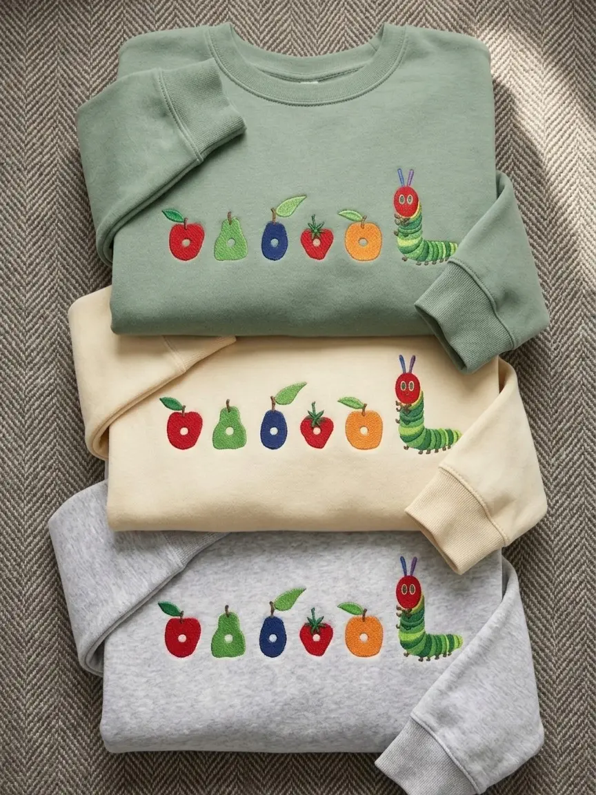 Embroidered Hungry Caterpillar Sweatshirt, Kids Worm Crewneck, Fruit Embroidery
