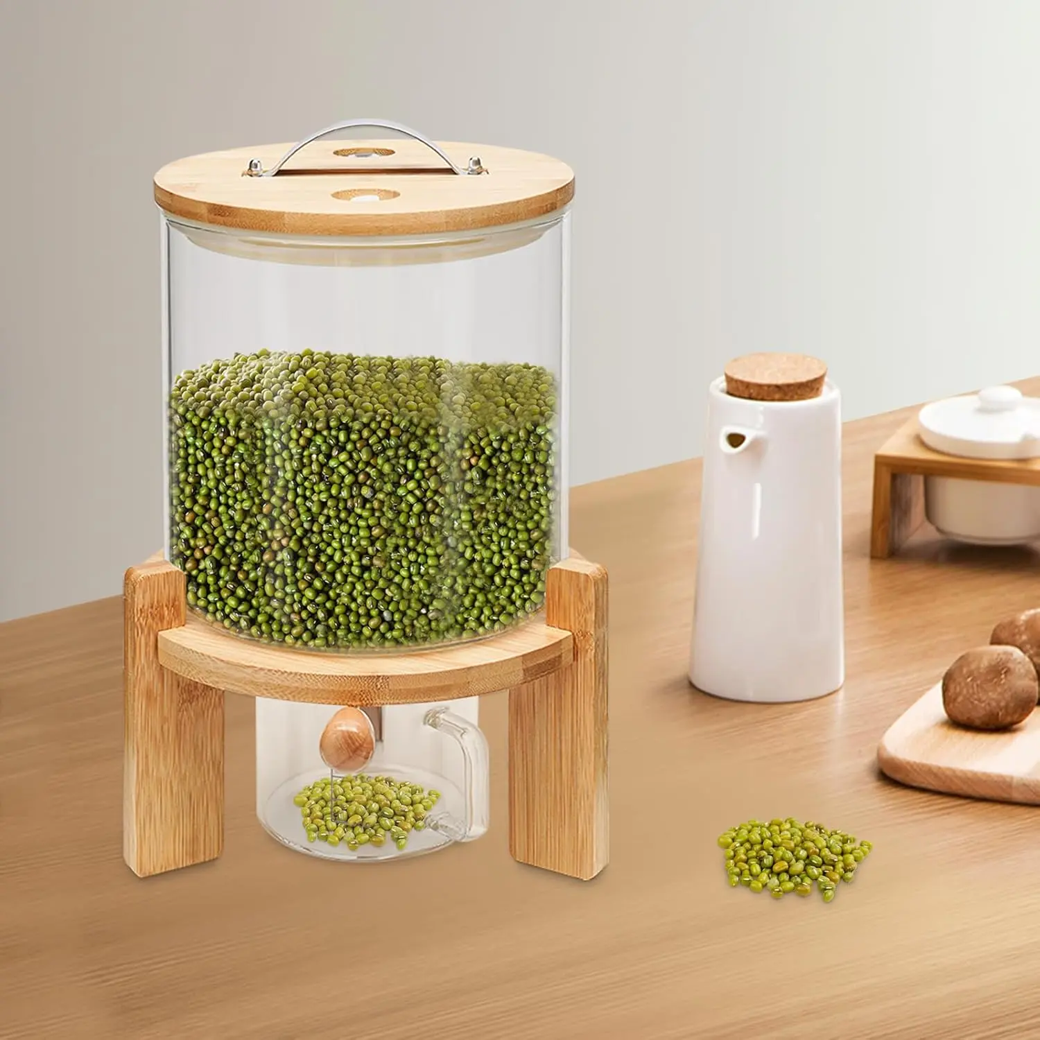 Rice Dispenser Cereal Dispenser Rice Storage Container Flour and Cereal Container with Airtight Lid and Wooden Stand, Glass Food Storge Container for Kitchen Organization, Pantry Store (5L) Utensils Log Color Clear