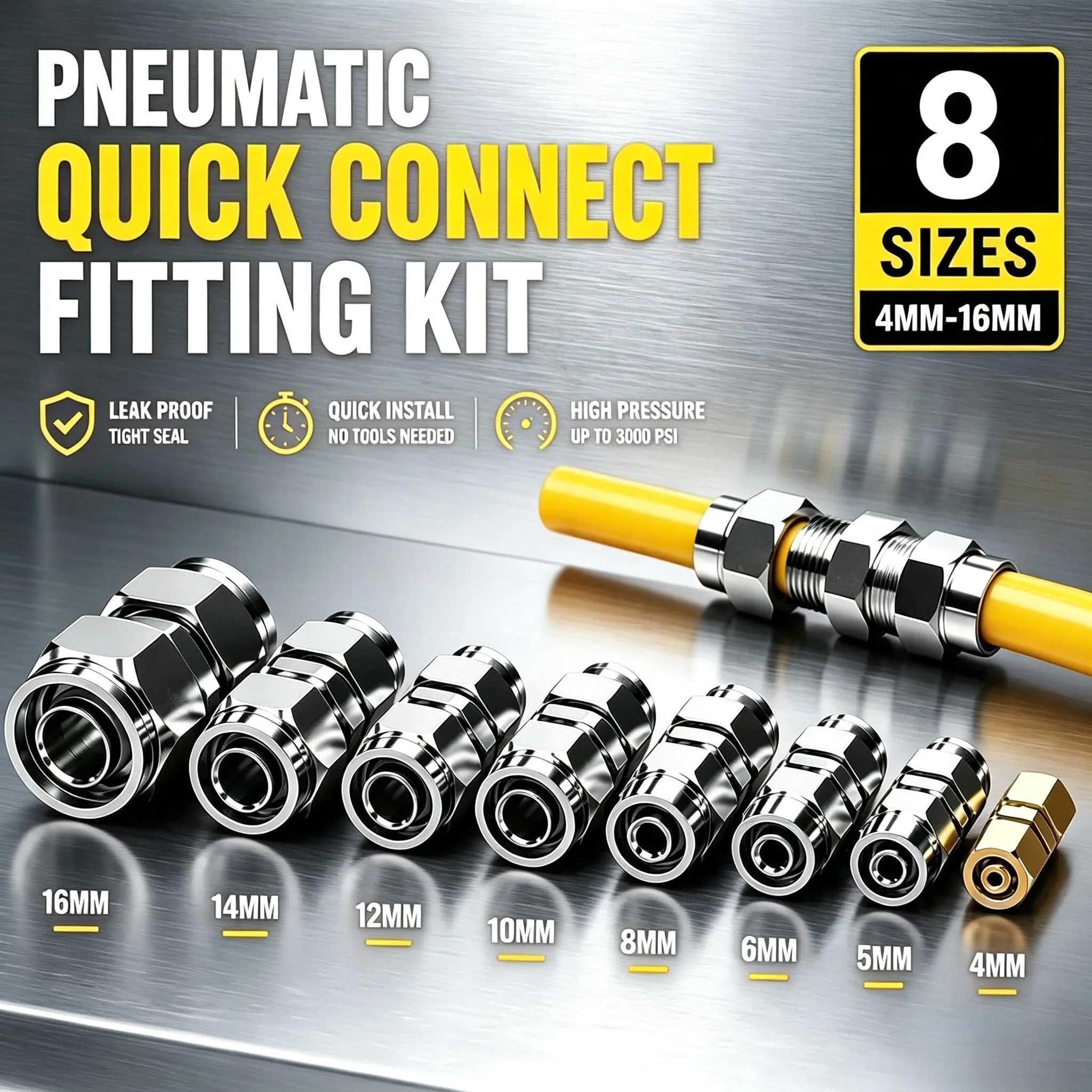 Heavy Duty Push-to-Connect Pneumatic Connectors, Straight Metal Hose Pipe Fittings for 4-16mm High Temperature Tubing Quick Joints