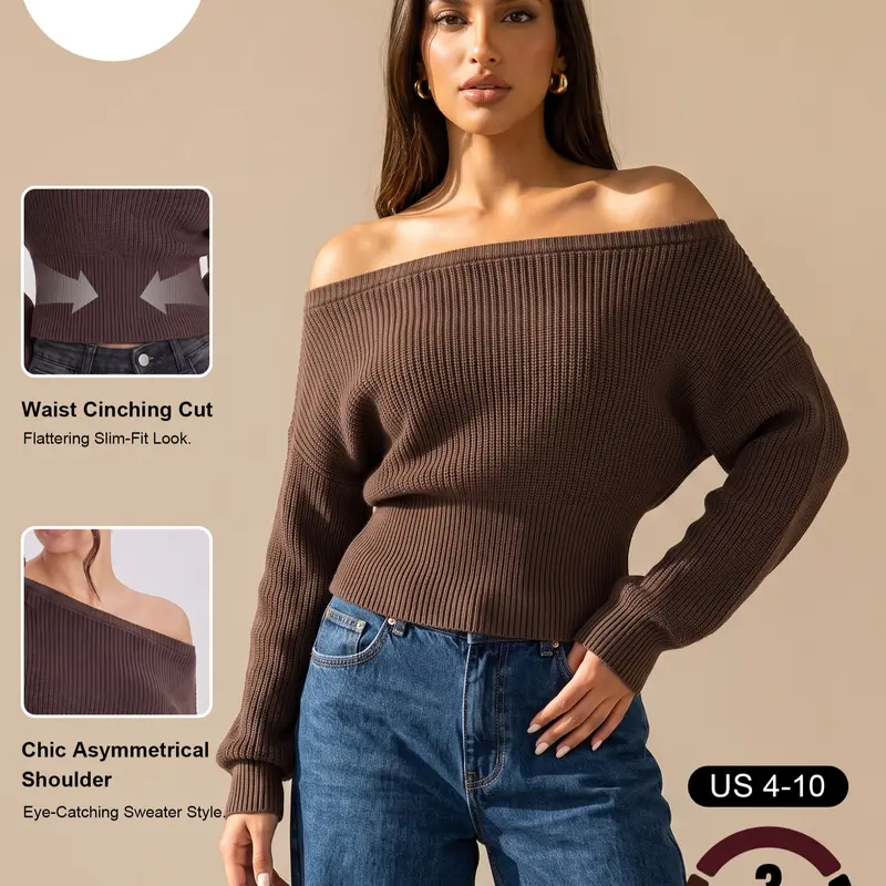 Katch Me Chic Women's Elegant Sloping Shoulder Cinched Waist Knit Sweater, Soft Stretchy Pill‑Resistant Long Sleeve Top, Cozy Warm Going Out Knitwear for Fall & Winter #TikTokMadeMeBuyIt #CozyWinterPullover #SoftKnitWear