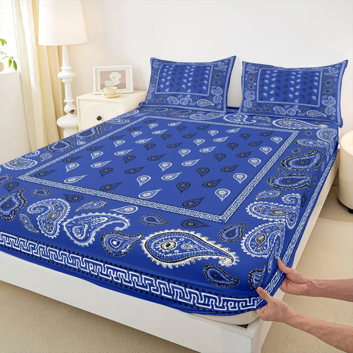 Royal Blue Bandana Fitted Sheet,Boho Paisley Bandanas Bedding Set,Bohemian Chic Floral Bed Sheets Room Decor,Soft Bedding(No Flat)