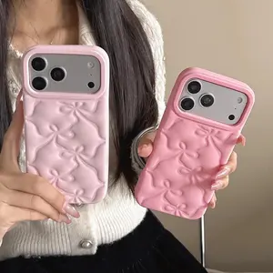 Cute 3D Puff Bow Soft Silicone Phone Case For iPhone 17 16 15 14 13 12 Pro Max Kawaii Bowknot Shock Proof Back Cover Capas
