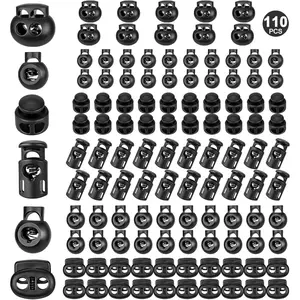 110pcs Upgraded Plastic Cord Lock, cord locks for drawstrings, draw string clip, spring toggle stopper fastener for Paracord, Clothing, shoelaces and bags(6 Sizes, Black)