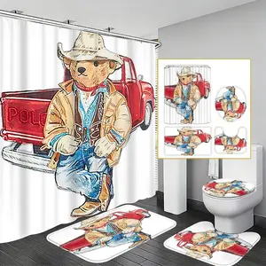 1pc American Western Style Polo Denim Bear Theme Bathroom Shower Set, Vintage Bath Accessories, Retro Aesthetic, Perfect for Western Home Decor, Bathroom Essentials Accessories