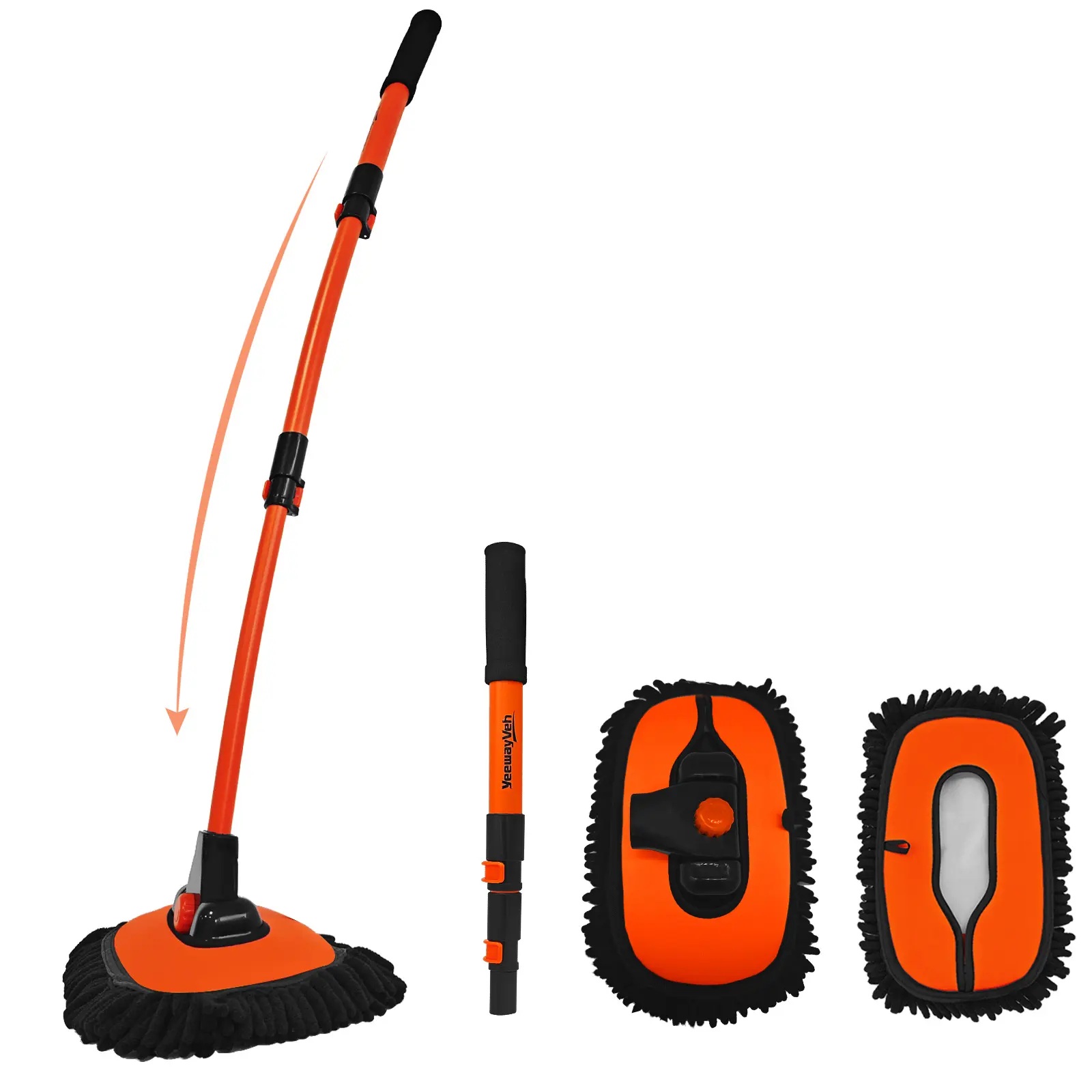 YeewayVeh Car Wash Brush, 43" Extendable Car Wash Brush Mop with Long Handle, 15 Degree Curved Soft Car Washing Brushes with Extra Microfiber Brush Head for Truck SUV Cleaning, Orange