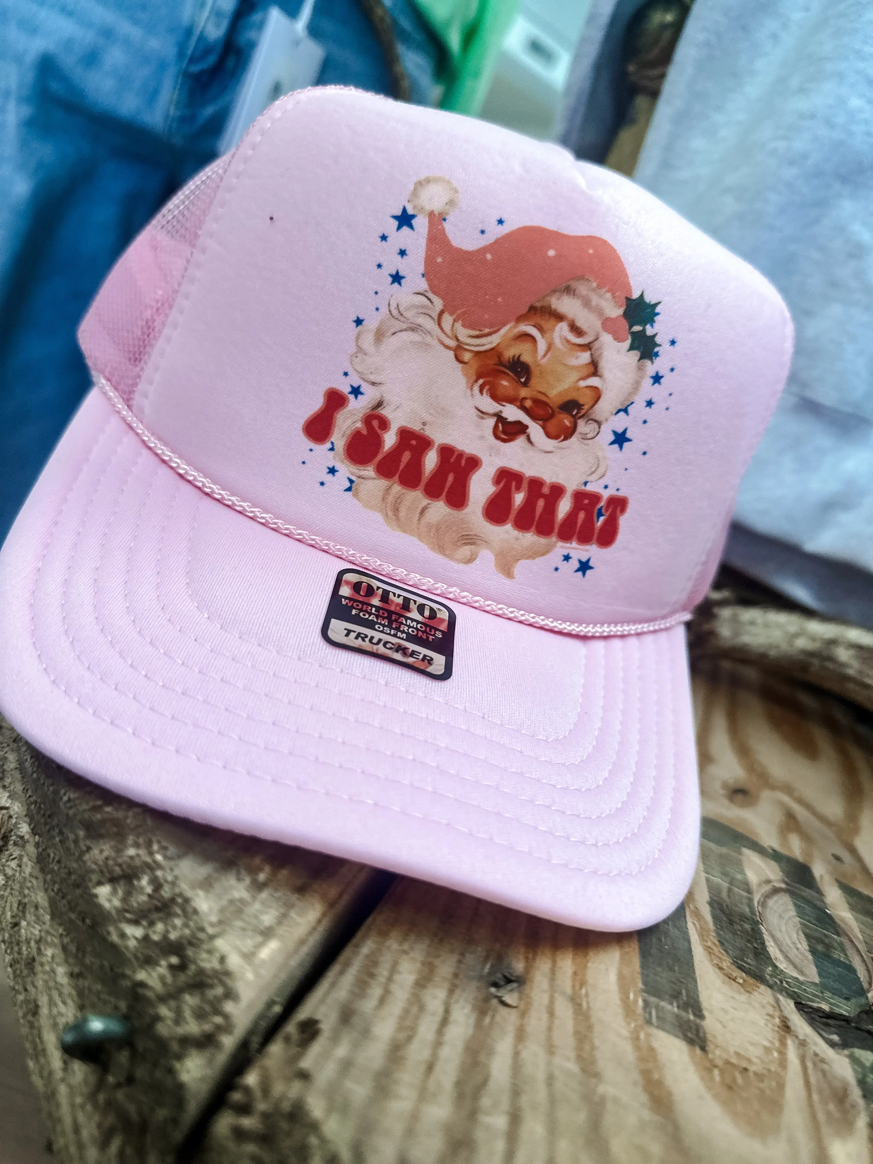 Unisex Pink Vintage Santa Trucker Hat - Sun Protection Fashion Accessory with Stylish Graphic, Lettered Slogan, Printed Design