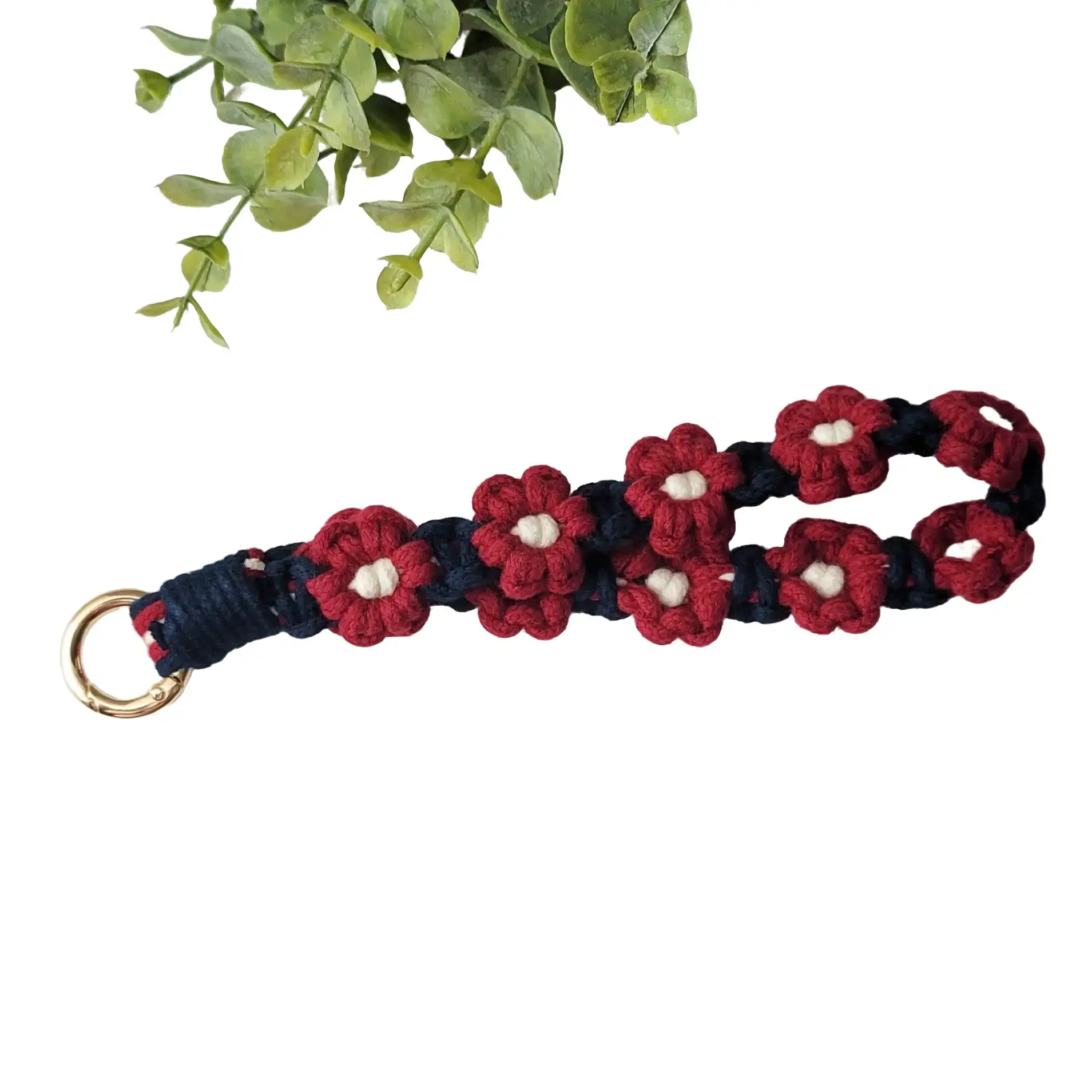 Blue and Maroon Flower Macrame Wristlet Keychain