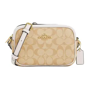 COACH Jamie 21 Classic Monogram Canvas and Leather Crossbody Bag for Women, Small Size, Light Khaki with Chocolate Brown