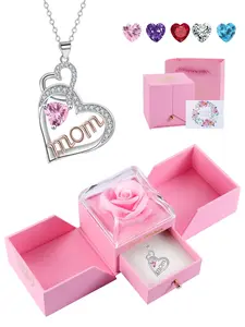 Heart Shaped Mom Pendant Necklace with Rose Gift Box, Mothers Day Necklace Gift for Mom, Birthday Jewelry Gift for Women