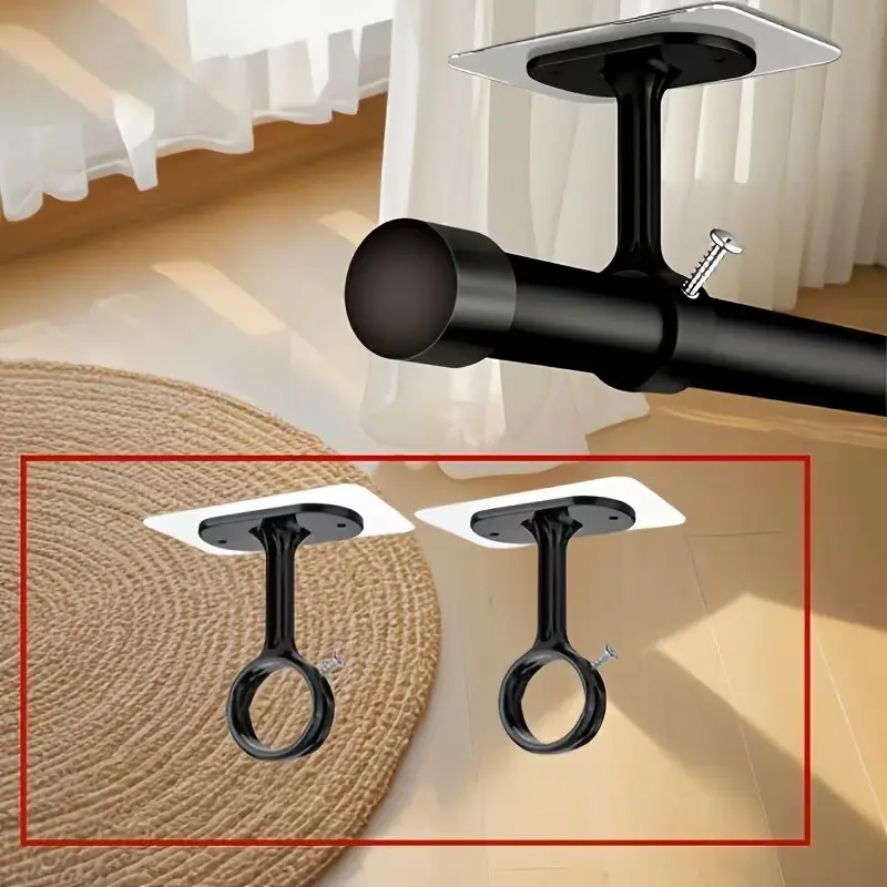 Self-Adhesive Adjustable Curtain Hooks, Drill-Free Ceiling-Mount Curtain Rod Brackets, No Wall Damage, Suitable for Wardrobe and Bedroom, Modern Decor Style Adhesive Curtain Rod Holder