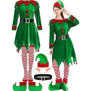 Women Christmas Elf Costume Solid Color Velvet Dress Set Santa Helper Costume Cosplay