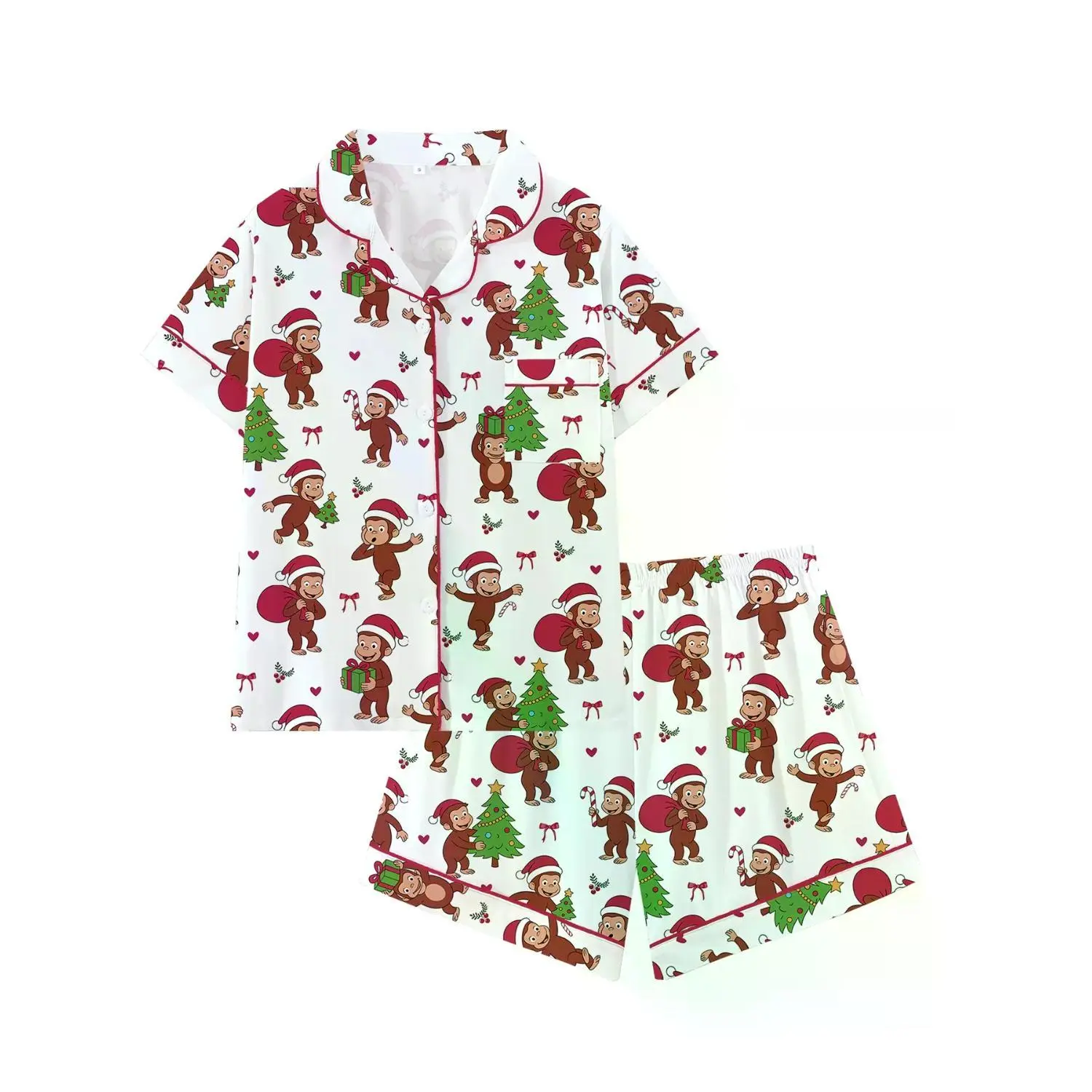 Adorable Cartoon Monkey Bow Collar Short Sleeve Pajama Set for Teen Girls - Cute and Comfortable Sleepwear, Perfect for All Seasons and Christmas Gift